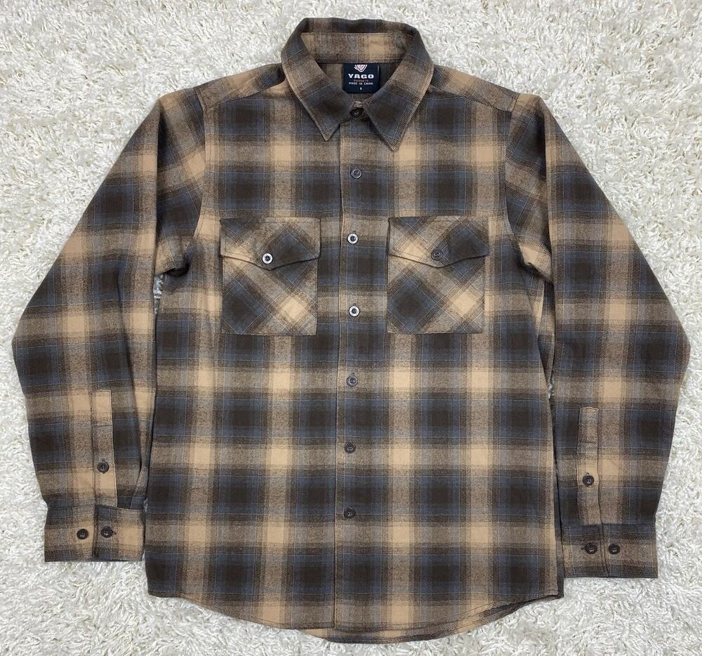YAGO Men's Flannel Shirt Sz S Brown Blue Shadow Plaid Long Sleeve Button Up